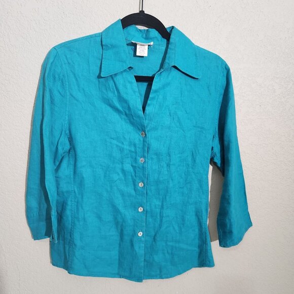 David N Top Womens Turquoise Linen Button Down Blouse Size Medium - Picture 1 of 12
